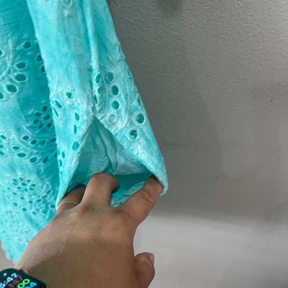 Ruby Yaya Embroidered Eyelet Shift Dress W/ Slip Flare Short Sleeve Aqua Cotton - Picture 9 of 12